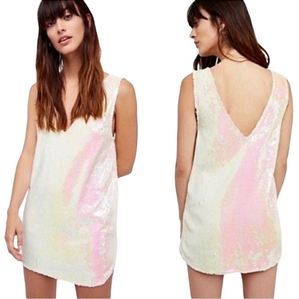 Free People Iridescent Pink White Sequin Mini Dress